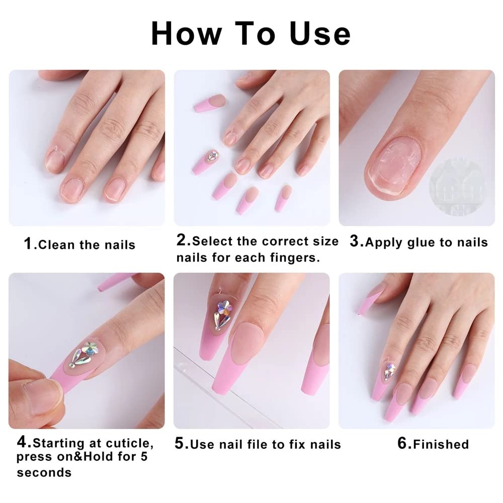 Pink Press On Nails Medium French Tip Fake Nails Nude Pink with Glossy Design Full Cover Artificial Glue on Nails White Glitter Stick on Nails Acrylic False Nails for Women Girls DIY Manicure 24Pcs