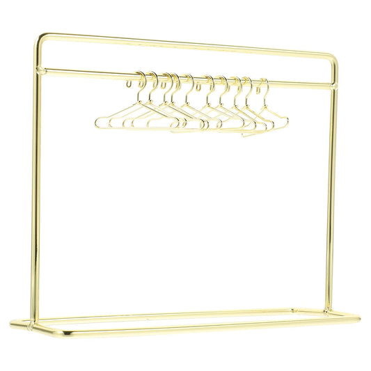 STOBOK Miniature Doll Garment Rack with 10Pcs Mini Clothes Hangers Mini Doll Dress Clothing Display Rack Metal Dollhouse Furniture Bedroom,Living Room,Shower Accessories Supplies, Golden 5.9x4.7in