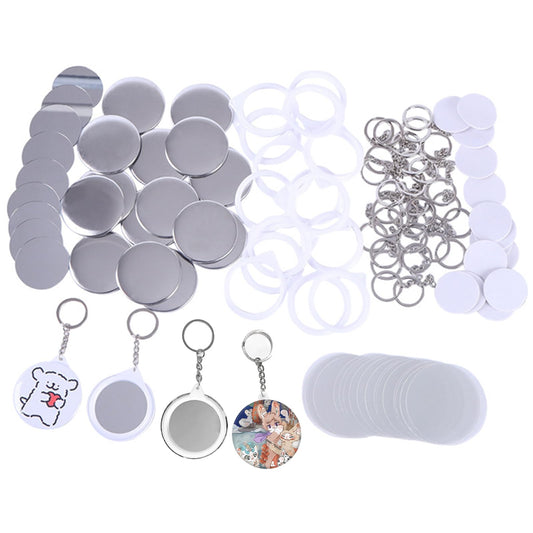 25 Sets Button Badge Maker Double-Sided Keychain, 2.28 Inch (58 mm) Tinplate Badge with Metal Cover, Mirror, Plastic Base and Keychain, Supplies for Button Making Machine