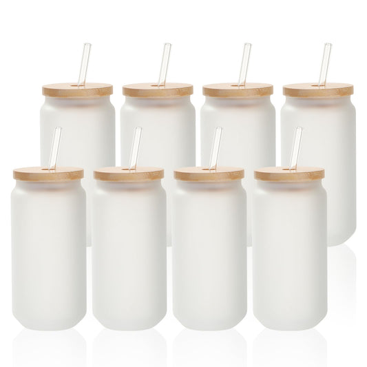 PYD Life 8 Pack Sublimation Glass Cans Blanks Frosted Bulk18 OZ with Bamboo Lid and Clear Glass Straw Beer Cans Wide Mouth Jar Tumbler Cups Mugs for Iced Coffee,Juice,Soda,Drinks,Beer