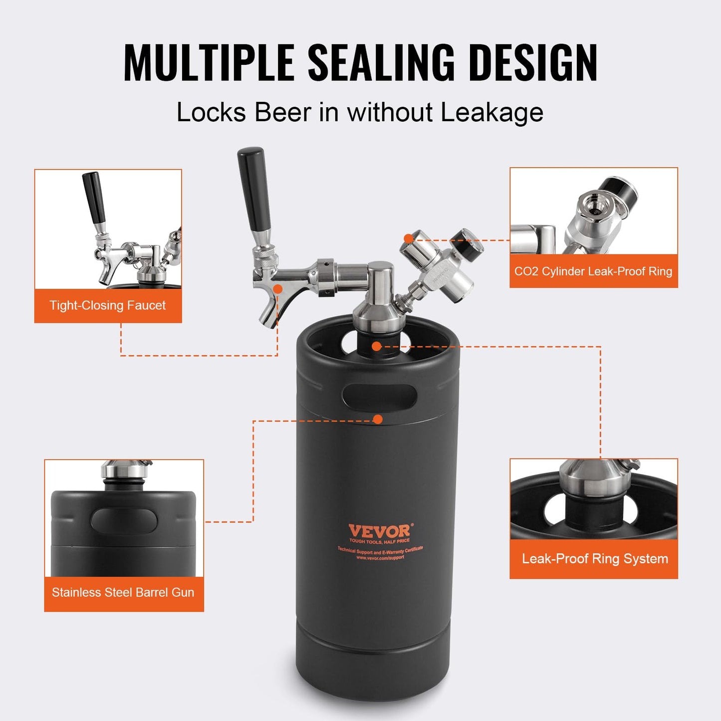 Beer Growler Tap System, 128Oz 4L Mini Keg, 304 Stainless Steel Pressurized Beer Growler, Keg Growler with Pressure Display, CO2 Regulator Faucet, Leak-Proof Ring For Draft, Homebrew, Craft Beer