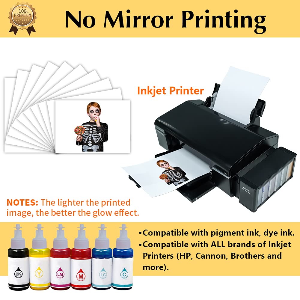 TransOurDream Luminous Heat Transfer Paper for T Shirts (10 Sheets, 8.5x11'', Glow 2.0) Printable Heat Transfer Vinyl for Inkjet Printer Iron on Transfers for Light & Dark Fabrics (TRANS-GD2-12)