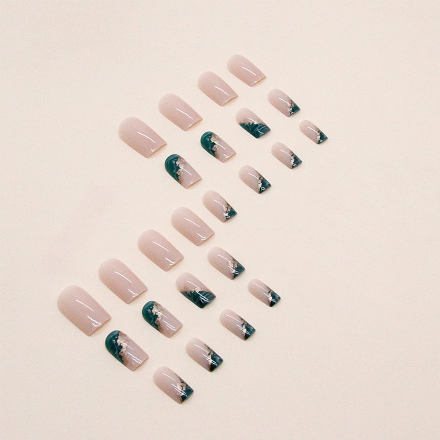 Marble Press on Nails Square Medium Fake Nails with Gold Foil Designs Full Cover False Nails Glossy Glue on Nails Nude Acrylic Nails for Women and Girls Nails Decorations 24pcs