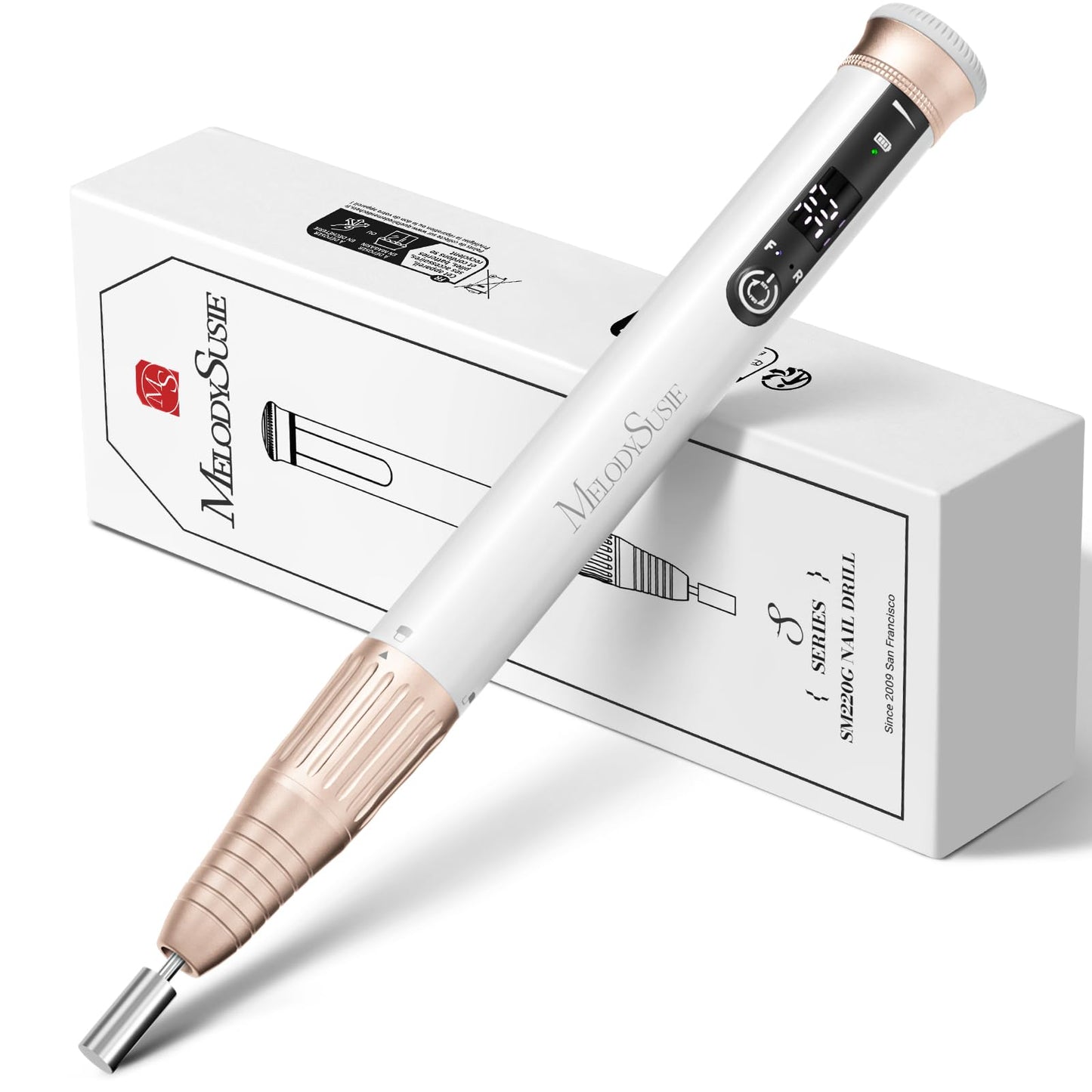 MelodySusie Pen-Shaped Stepless Speed Adjustment Cordless Nail Drill, SM220G 30000RPM Portable Rechargeable E-File with Rotary Lock for All Manicure Shaping & Acrylic Gel Removal for Pros at Home