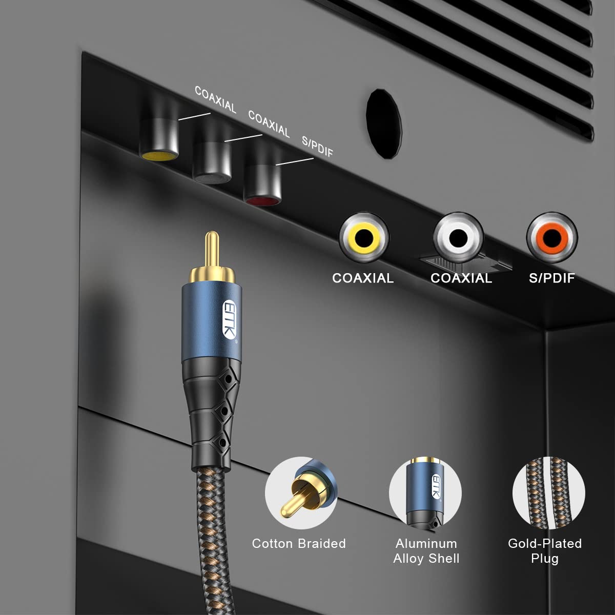 24K Systems,Subwoofer(10ft/3m) EMK Subwoofer Cable RCA to RCA Audio Cable Gold-Plated Nylon Braided Double Shielded