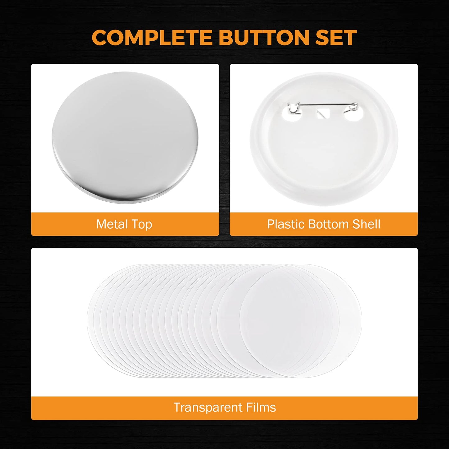 BEAMNOVA 500 Sets 44mm / 1.73 in (Approx. 1-3/4 inch) Button Maker Supplies Blanks for Round Pin Making Machine, Plastic Back, Hand Press Badge Making Refills