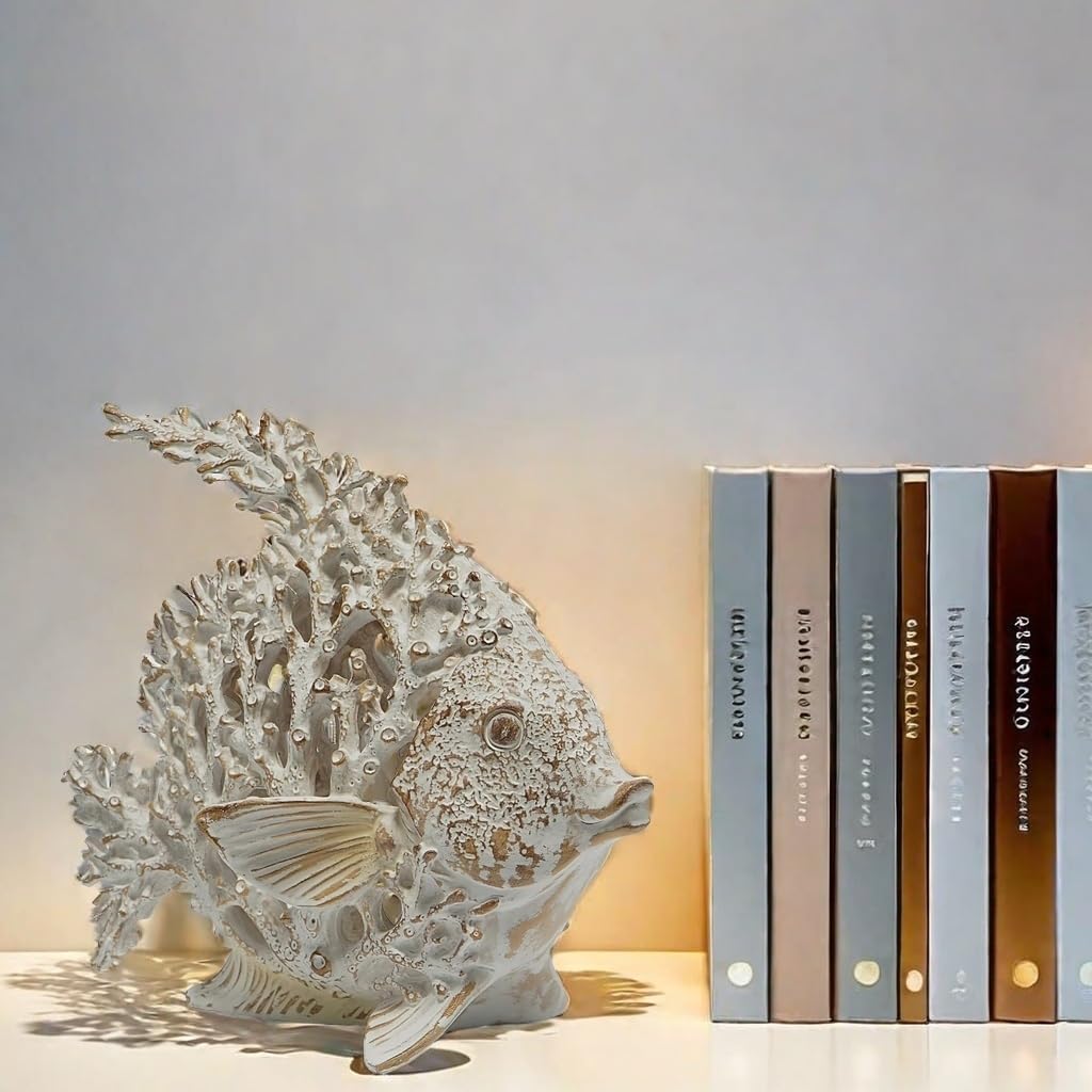 VVGIFTS Beach Coastal Decor Coral Reef Angelfish Home Office Desk Decor Sculpture Statue for Tabletop Shelf Bathroom Decoration Ornament Gift (White)