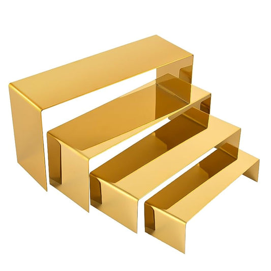 PROFIKLA 4 Pcs Gold Stainless Steel Display Risers, Display Stand for Cupcake Dessert Perfume Purse Handbag Shoe Jewelry and Funko Pop