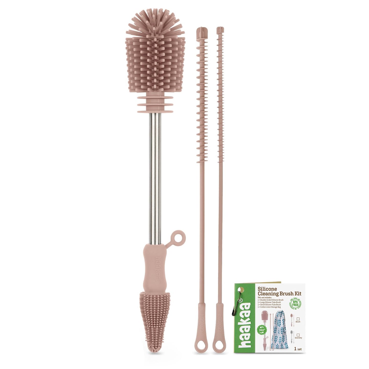Haakaa Silicone Cleaning Brush Kit - Baby Bottle Brush Cleaner for Breast Pump,Nipple,Breast Milk Storage Bag,Reusable Straw,Sippy Cup - Food Grade Silicone Bristles, Portable - 3 Pcs - Pink