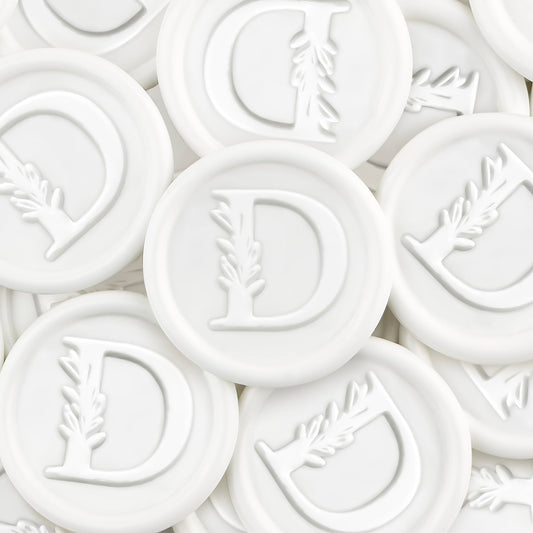 50Pcs White Wax Seal Stickers Handmade Vintage Botanical Leaves Adhesive Letter Wax Stickers for Wedding Party Invitations, Envelope, Gift Wrap, Christmas(Initial D, White)