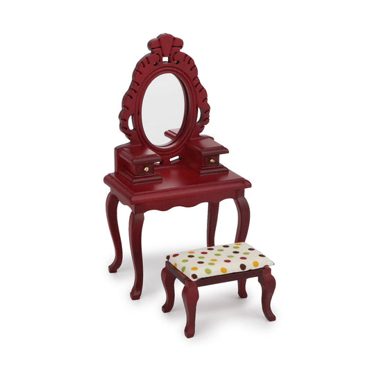 Dollhouse Makeup Vanity with Mirror & Stool 1/12 Miniature Makeup Furniture Set, Wooden Dressing Table Bedroom Dresser Table Doll House Toilet Table Accessorie (Red)