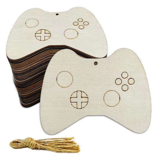 30 Pcs 4 Inch Unfinished Game Controller Wood DIY Crafts Cutouts Wooden Game Controller Shaped Hanging Ornaments with Hole Hemp Ropes Gift Tags for Home Birthday Decoration Craft Project