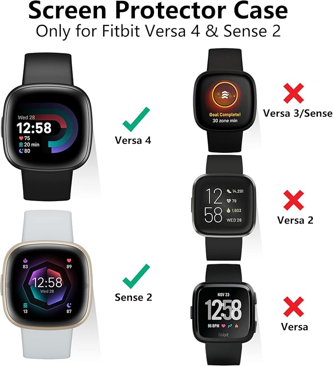 Vancle Case for Fitbit Versa 4 / Fitbit Sense 2, 4-Pack Screen Protector Tempered Glass Full Around Hard PC Case with Sensitive Touch Film Protective for Fitbit Sense 2 / Versa 4(Transparent + Starlight + Pink + Rose Gold)