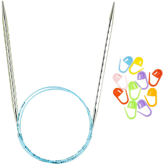 addi Rocket 2 Squared Ergonomic 32-inch (80cm) US 0 (2mm) Circular Knitting Needle, Textured Finish, Rounded Edges, Long Taper Sharp Tips, Gold Cord with 10 Colorful Stitch Markers