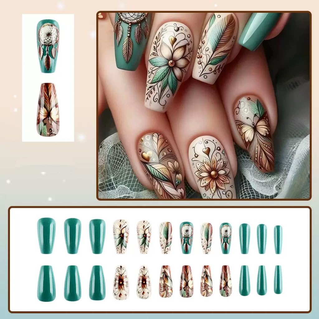 CTTHNBD Square Press on Nails - Medium Fake Nails with Flower Design - Ombre Brown, French Tip False Nails for Women - 24 Pcs
