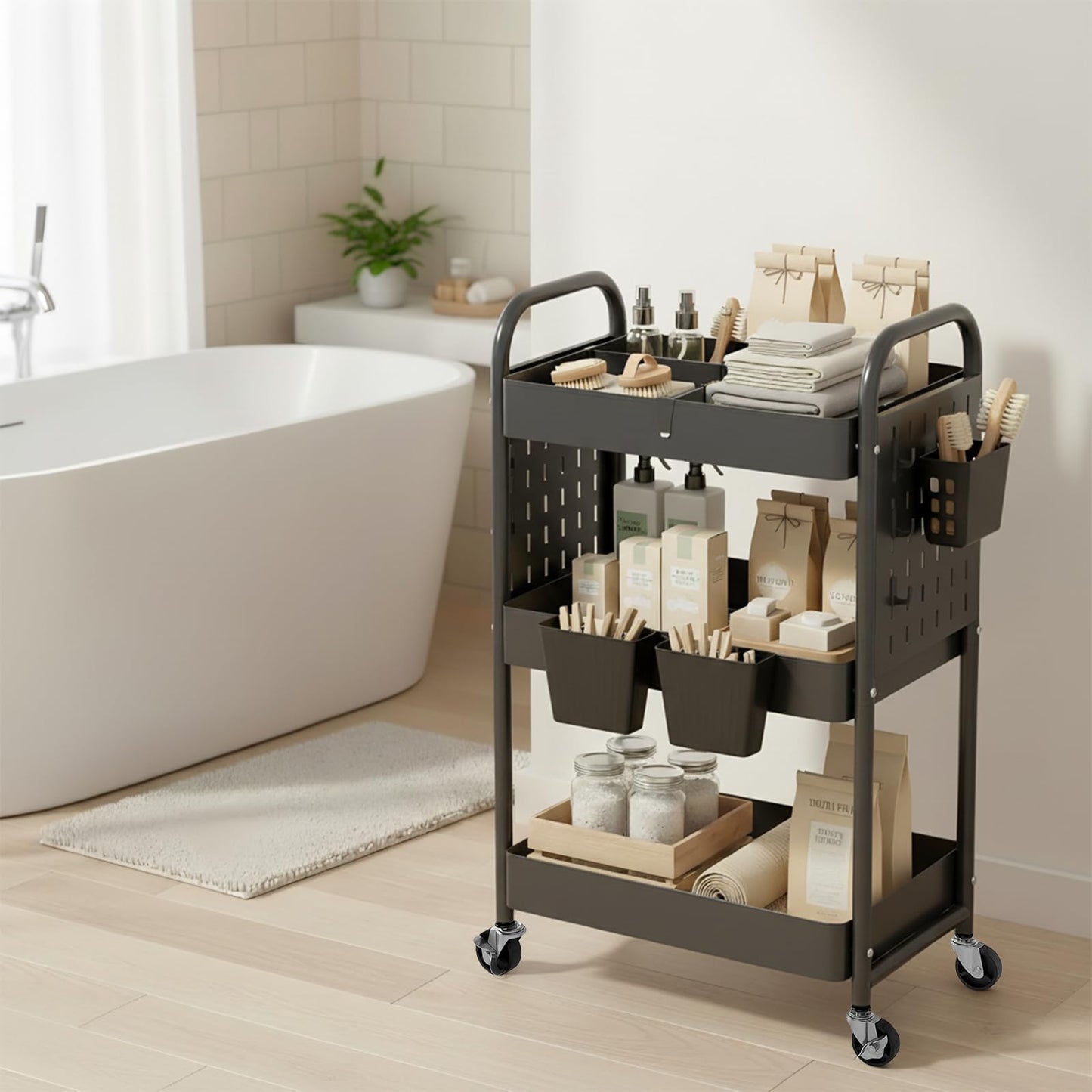 danpinera Craft Cart, Black Rolling Cart with Retractable Dividers & DIY Pegboards for Kitchen, Bedroom, Laundry