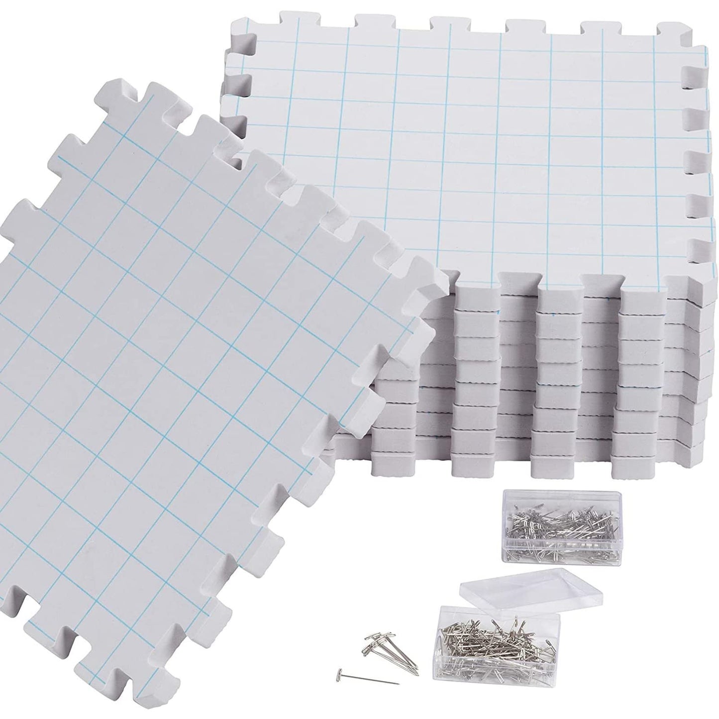 Juvale Foam Blocking Pad Set for Knitting & Crochet - 9-Pack 12.5 x 12.5 in, 0.7-in Thick, Blue - with 200 T-Pins & Storage Bag - Yarn Blocking Kit for Knitting & Crochet