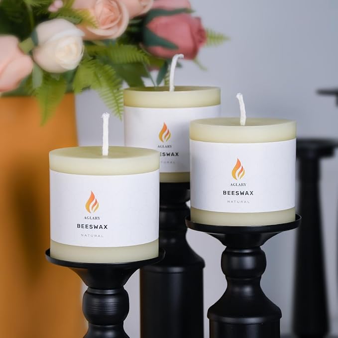 3"x 3" Beeswax Pillar Candle, Made of Pure Natural Beeswax, with Ultra Long Burning Time and Low Allergenicity-White