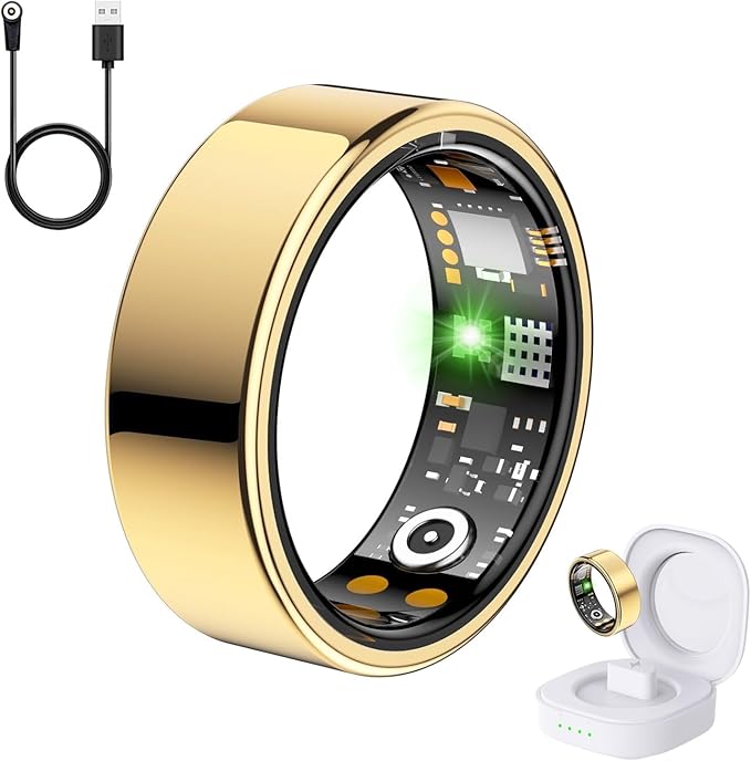 Health Tracker Ring, Smart Health Ring for Women Men with Heart Rate, Blood Oxygen, Sleep Monitor, Steps,Calories, No Subscription Fee, IP68 Waterproof Smart Ring for iPhone & Android (Gold, 8#)