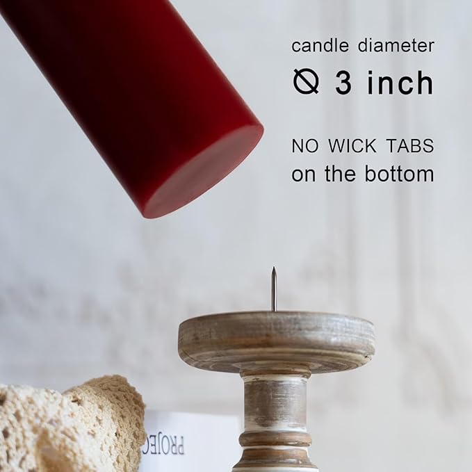 MOZEAL 3" x 8" Hand-Poured Unscented Candles,Large Dark Red Pillar Candles Set of 2,No Drip,Approx 120 Hours Long Burning,Wedding,Dinner,Christmas and Home Decor（3 Inch Diameter 8 Inch Height）