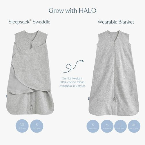 HALO Sleepsack Swaddle - 100% Cotton 3-Way Adjustable Wearable Blanket | TOG 1.5, Midnight Moons Grey, Small (3-6 Months)