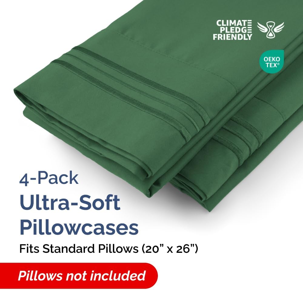 Skiennix Standard Pillow Cases Set of 4 - Ultra Soft Hotel Quality Covers - Machine Washable Emerald Green