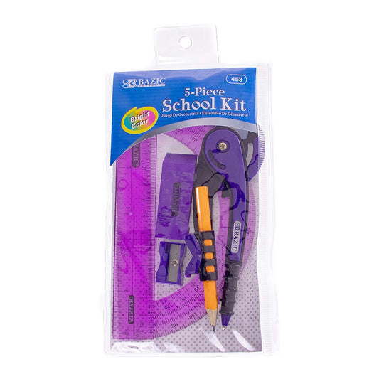 West Coast Paracord 5 Piece School Kit with Zipper Pouch – Colored Compass, Protractor, Ruler, Eraser, Sharpener – Geometry and Math Tool Set (Purple)