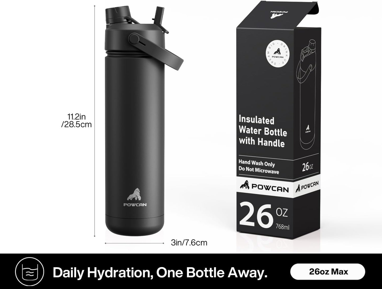 POWCAN 26 oz Insulated Water Bottle - 2-in-1 Straw & Spout Lid, Leak-Proof, Fits Car Cup Holder | Dark Knight
