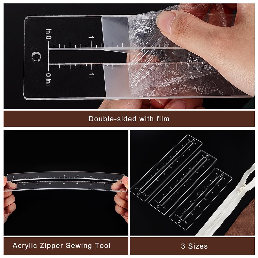 PH PandaHall 6pcs 3 Sizes Zipper Making Template Set, Clear Patchwork Ruler Sewing Tools, Acrylic Zip Pocket Templates for Leather Lace-in Boot Inserts, Bag DIY Crafts