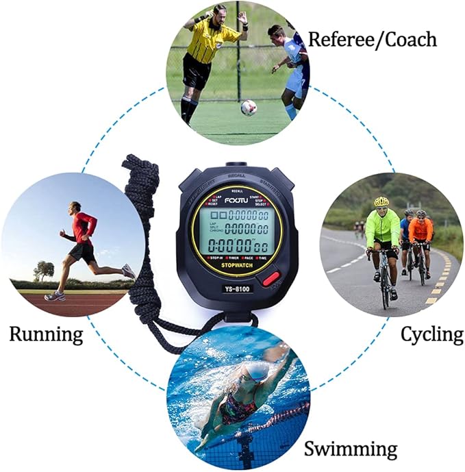 FCXJTU Digital Sports Stopwatch Timer 10/100 Lap Split Memory Stopwatch Calendar Alarm, Pace Mode with 3-Row Extra Large Screen Water Resistant Includes Battery, Lanyard for P.E Referee Coaches