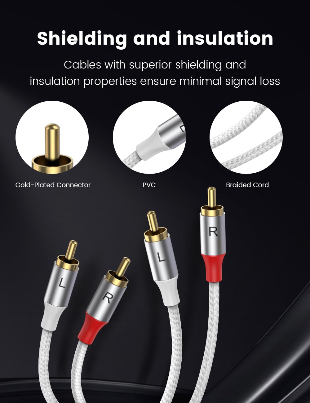 2RCA 2RCA 3.28ft/1M, 24K MOSWAG Male to Male Stereo Auxiliary Audio Cable Subwoofer Cable Gold Plated Nylon Braided