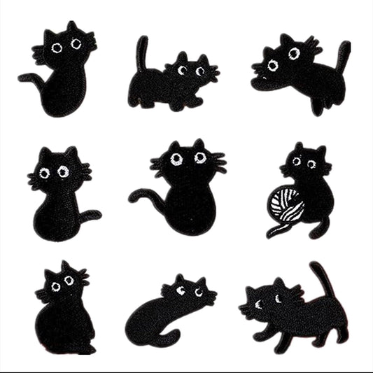 CHBROS 9 Pcs Black Cat Embroidered Patches Applique Iron on Patches for Clothing Jackets T-Shirt Backpacks.…(Set of 9)