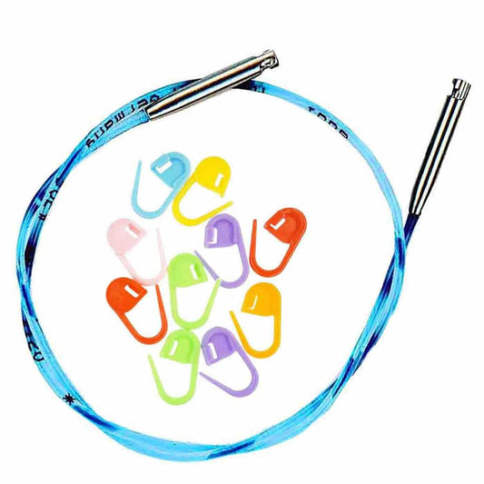 addi Click Interchangeable Cord for 3.5 inch (Short) Rocket Lace and Rocket 2 Squared Circular Tips Actual 13 inch 33cm Makes 20 inch (50m) Needle with 10 Colorful Stitch Markers