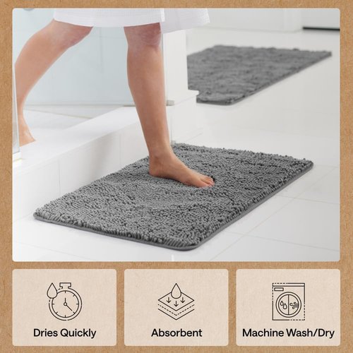 GORILLA GRIP Bath Rug Mat - Soft Absorbent Chenille | Quick Dry Microfiber, 60x17 Inches, Grey