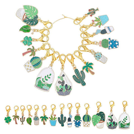 HOBBIESAY 28Pcs 14 Styles Enamel Alloy Crochet Stitch Marker Cute Cactus Potted Plants Removable Crochet Stitch Marker Charms with Lobster Claw Clasps for Crocheting Knitting Quilting Supplies