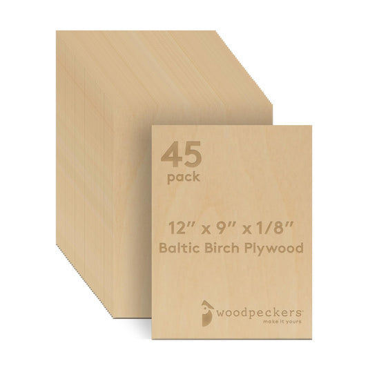 3 mm Baltic Birch Plywood 1/8 x 9 x 12 Inch, Box of 45 B/BB Grade Craft Wood, Stronger Than Basswood Sheets, for Laser, CNC Cutting and Wood Burning, by Woodpeckers