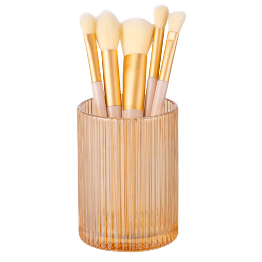 DASITON Makeup Brush Holder Organizer, Crystal Cosmetic Makeup Brushes Storage Holder, Glass Make Up Brush Holder, Vintage Striped Make Up Cup Desk Pen Pencil Holder, Toothbrush Holders (Coffee S)