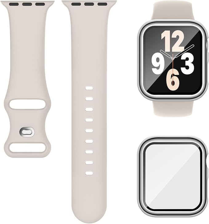 Compatible for Apple Watch Band 44mm 45mm and Case with Screen Protector, Soft Silicone Sport Strap Bands and Protective Cover with Tempered Glass for iWatch Series 9 8 7 SE 6 5 4