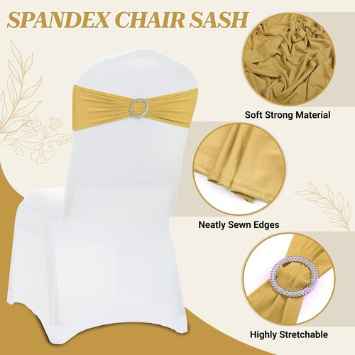 MDS Spandex Chair Sashes - Premium Stretch Covers with Buckle Slider for Weddings & Events | Gold, Pack of 75