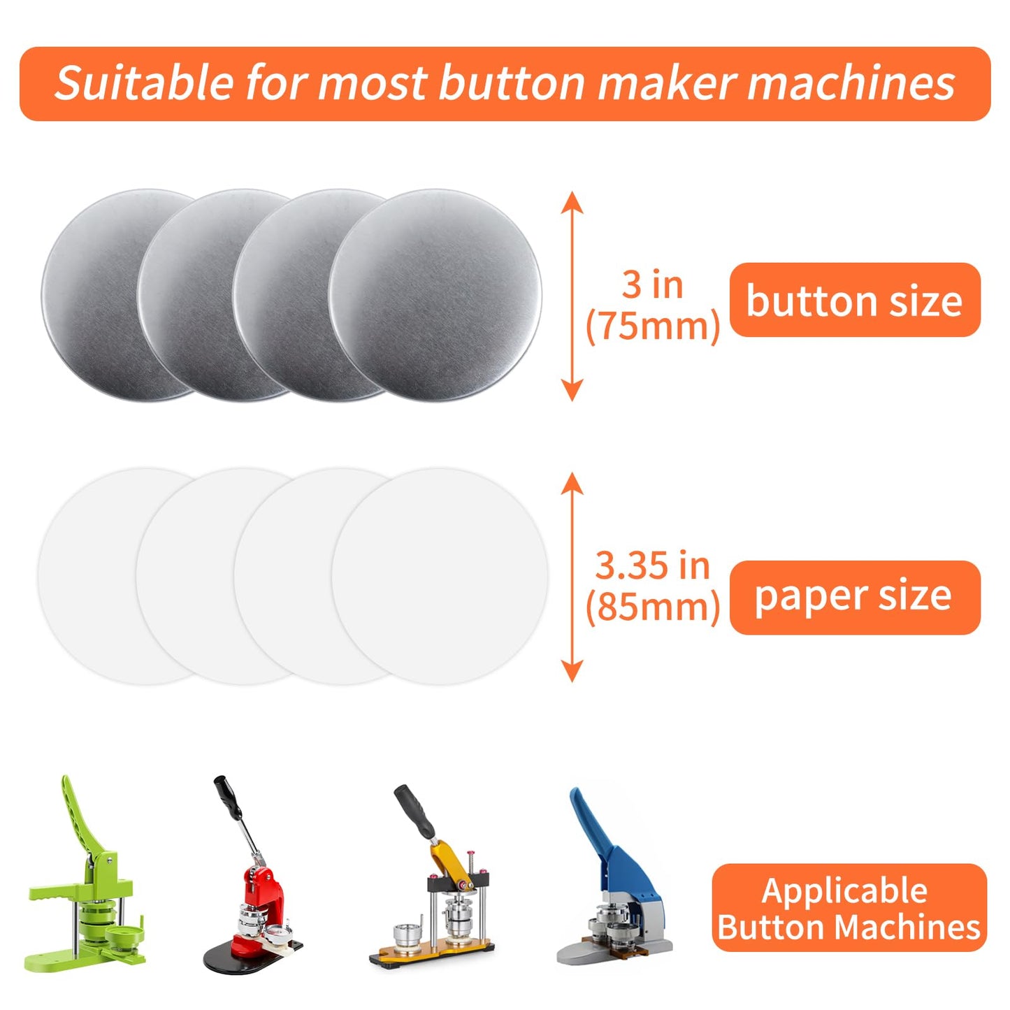 75mm Metal Blank Button Supplies Button Making Parts, 100 Sets 75mm/3 inch Pin Maker Parts Badge Supplies for Button Maker Machine, Including Metal Back Cover Metal Shells Clear Film and Paper
