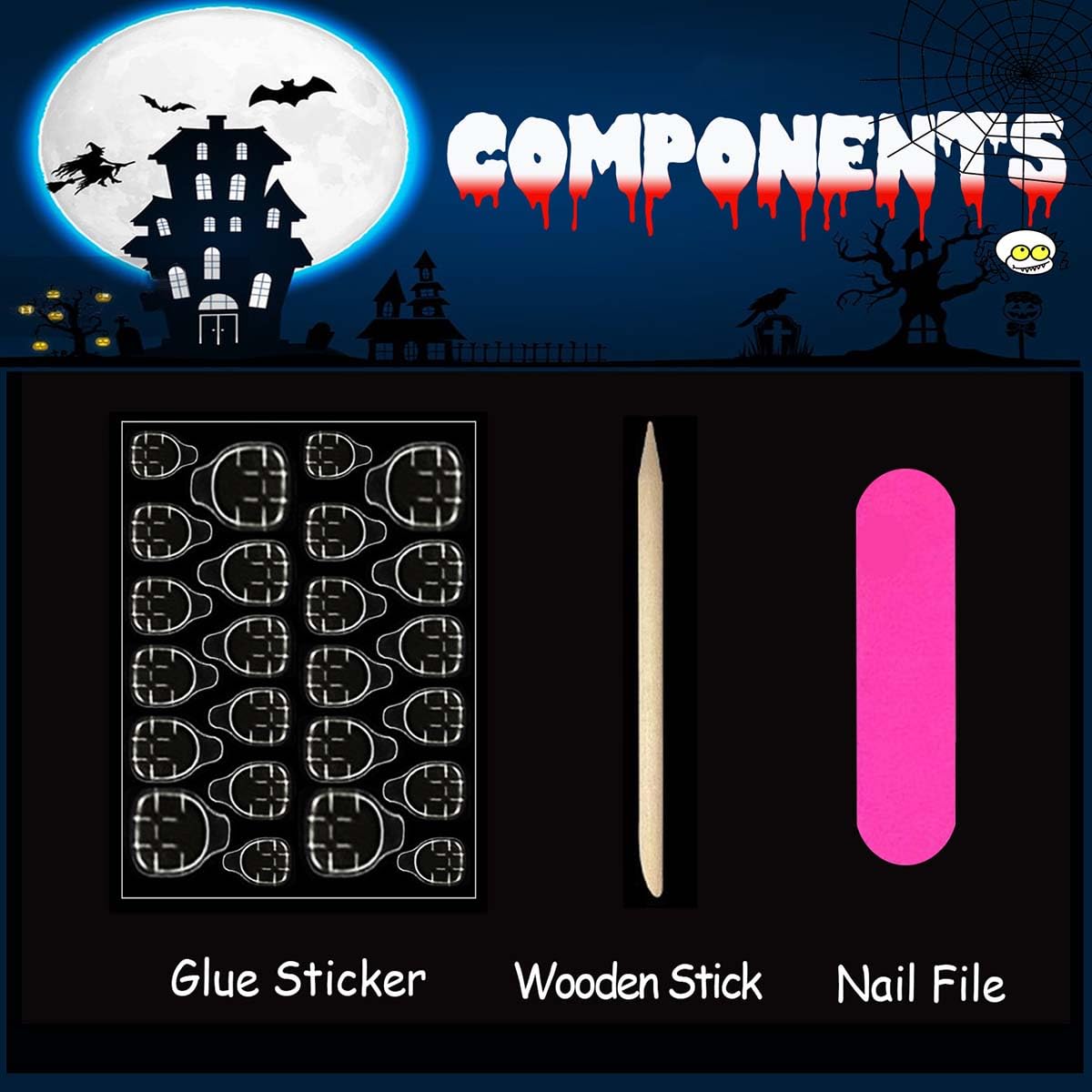 Halloween Press on Nails Short Oval Fake Nails Black White False Nails Press ons with Ghost,Bat Design Reusable Artificial Nail Full Cover Glossy Glue on Nail Stick on Nails for Women Manicure 24 Pcs