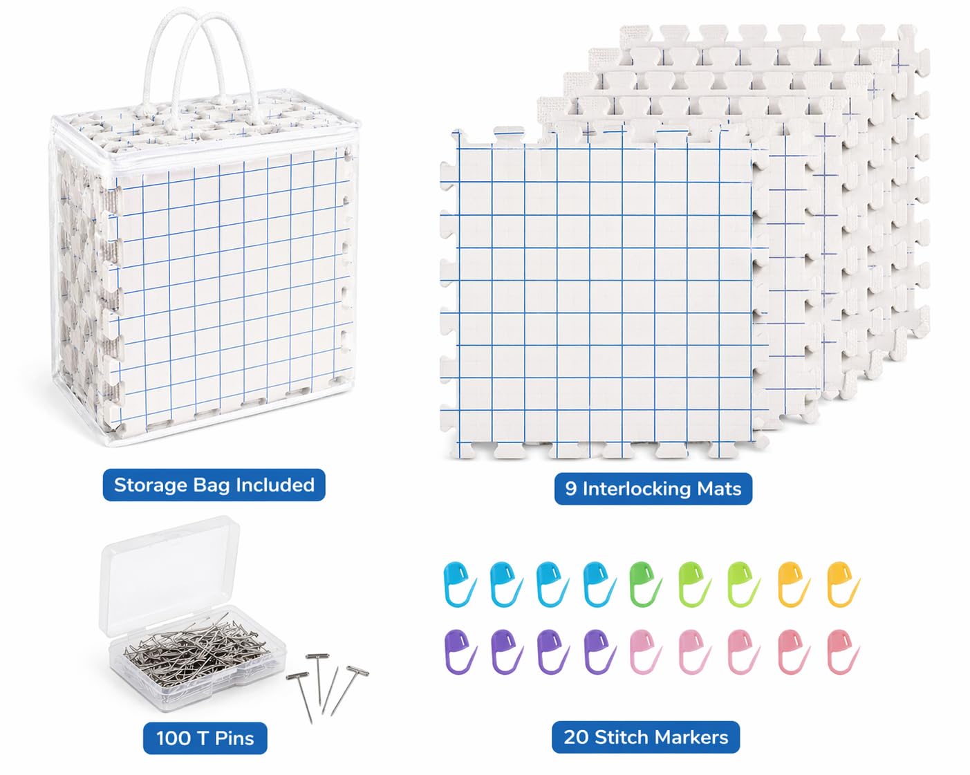 IRSTBL Knitting Blocking Mats Set – 9 Interlocking Foam Mats with Gridlines, 100 T Pins, 20 Locking Stitch Markers and Storage Bag – Crochet Blocking Boards Kit