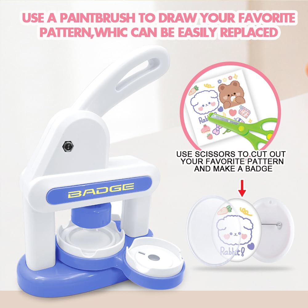 Upgraded Badge Button Maker Machine Kit - DIY Pin Press with 2 Round Sizes & Heart Shapes,Button Parts, Pictures, Circle Cutter, Board, Chain & Scissors - Ideal for Kids, School & Party Badge Making