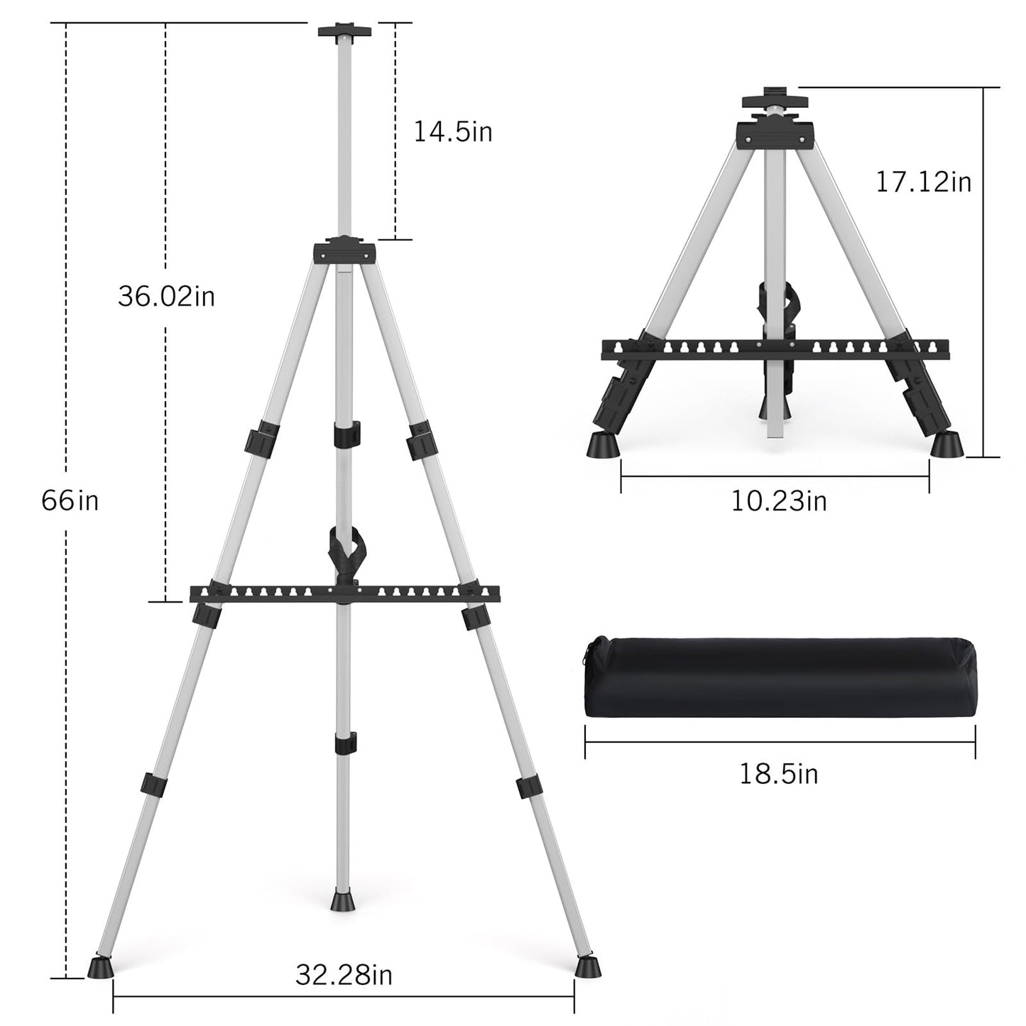 Art Easel Stand for Painting or Sign, Portable Adjustable 66 inches Display Tripod Artist Floor Aluminum Metal Easel with 1 Bag for Table-top/Floor Drawing, Sturdy for Canvases Displaying - Silver