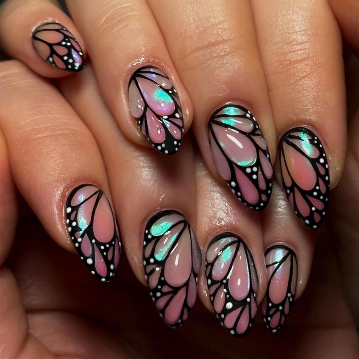 3D Butterfly Wing Press On Nails Almond - 24PCS Pink Iridescent Medium Fake Nails with Design, Glossy Reusable Stick On Nails for Women, Cute Nail Art for DIY, Party, Daily Wear