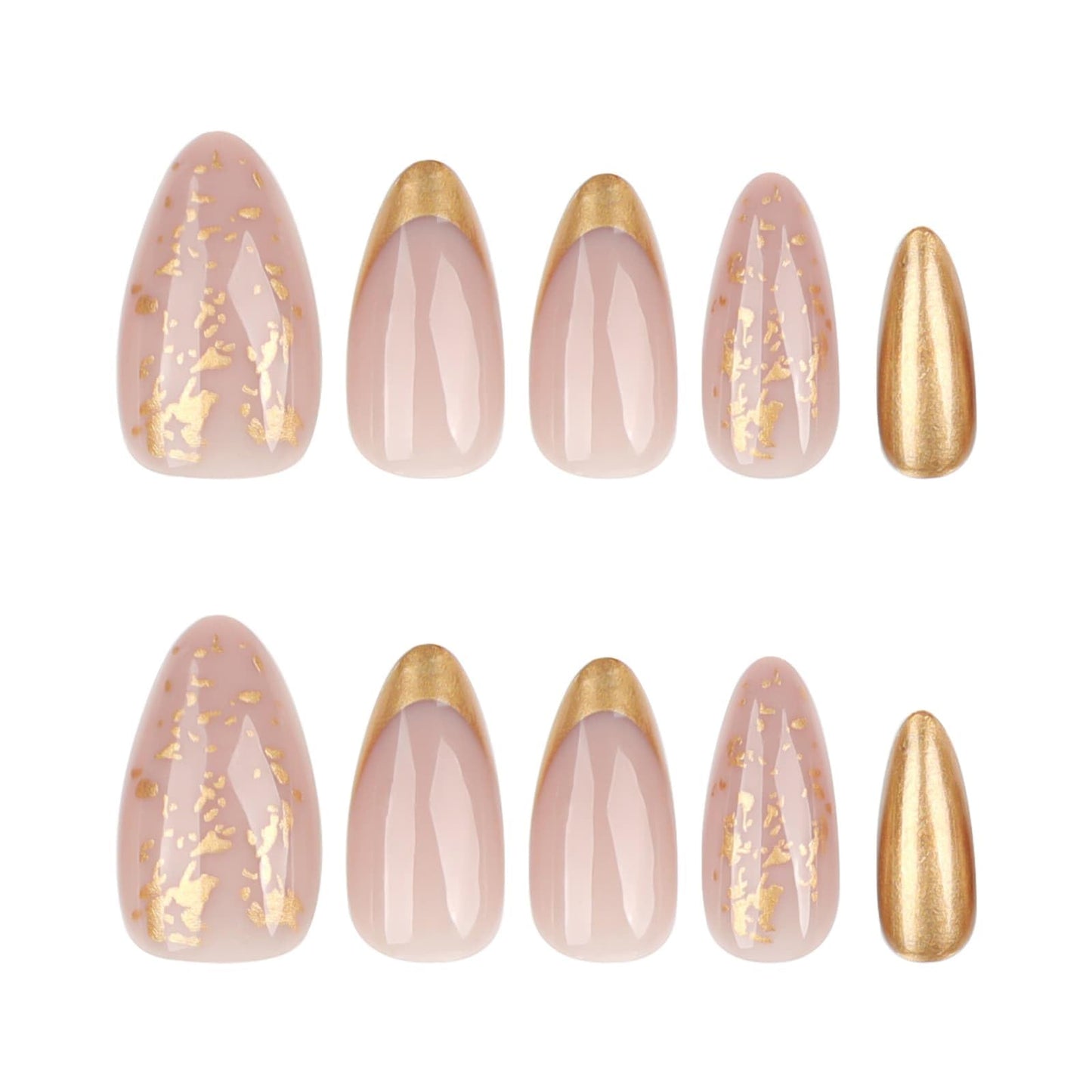 Medium Almond Press on Nails Gold French Tip Fake Nails Nude with Gold Foil Design Glossy Acrylic Glue on Nails Reusable Artificial Nail Full Cover Sticker on Nails for Women 24 Pcs