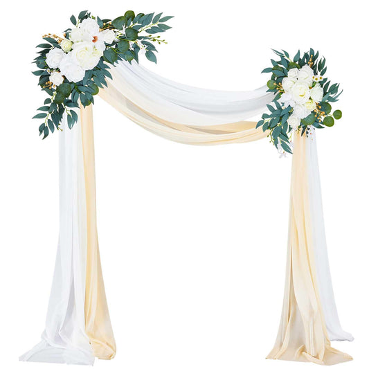 Thiccywoov 4 Pcs Wedding Arch Flowers and Drape Kit Include 2 Artificial Floral Swag and 2 White Chiffon Drapes, Faux Flower Set for DIY Wedding Party Reception Ceremony Backdrop Rose Decoration