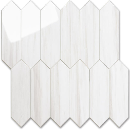 Vamos Tile 1 Sheet Glossy Dolomite White Backsplash Tile Peel and Stick, 12.8 x 12.8 Inch Long Hexagon PVC Self Adhesive Mosaic Wall Tiles Stick on Backsplash for Kitchen and Bathroom