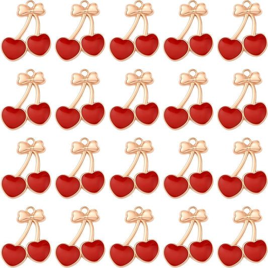 SUNNYCLUE 1 Box 30Pcs Enamel Fruits Charms Bulk Red Cherry Charm Gold Alloy Bowknot Design Mini Cute Food Cartoon Cherries Pendants for Jewelry Making Bracelets Necklace Earring DIY Crafts Accessories