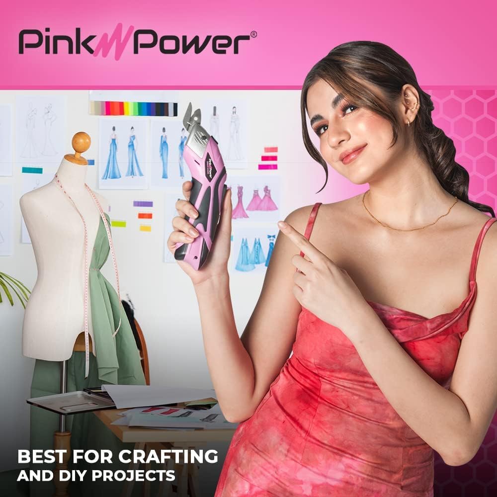 Pink Power Cordless Electric Scissors Fabric Cutter for Crafts, Box, Sewing, Carpet, & Scrapbooking - Heavy Duty Professional Rotary Shears Cutting Tool - Automatic Cardboard Cutter Fabric Scissor